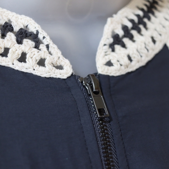Free People Navy Blue Crochet Trim Zip Front Cropped Bomber Jacket Medium - Picture 5 of 16